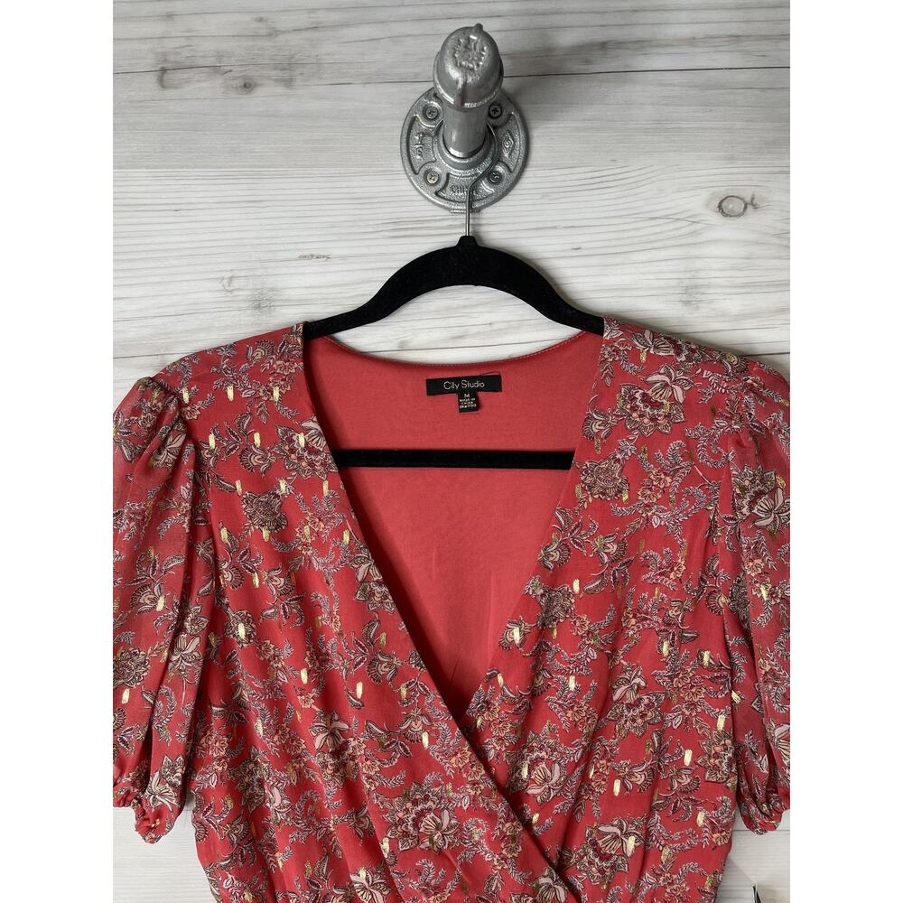 City Studio Juniors Red Floral Wrap Puff Sleeve Boho Sundress 2539-VG5A M - Picture 2 of 12
